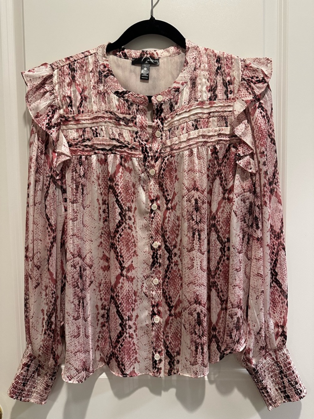 Aqua Pink Snakeskin Ruffle-Trim Blouse